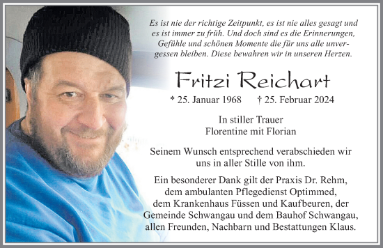 Traueranzeige von Fritzi Reichart von Allgäuer Zeitung, Füssen