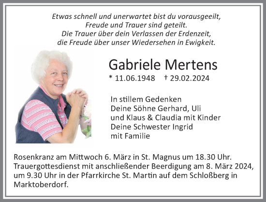 Traueranzeige von Gabriele Mertens von Allgäuer Zeitung, Marktoberdorf