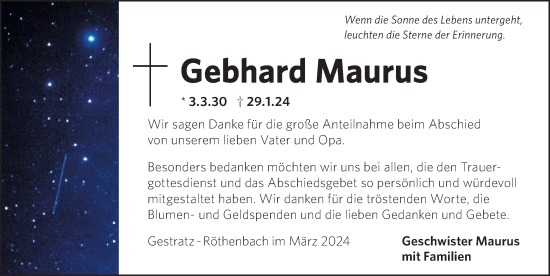 Traueranzeige von Gebhard Maurus von Der Westallgäuer