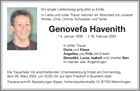 Traueranzeige von Genovefa Havenith von Memminger Zeitung