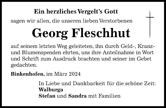 Traueranzeige von Georg Fleschhut von Augsburger Allgemeine, Mindelheimer Zeitung