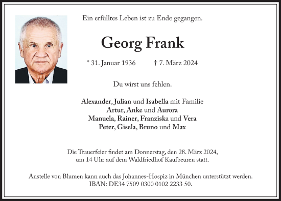 Traueranzeige von Georg Frank von Allgäuer Zeitung, Kaufbeuren/Buchloe