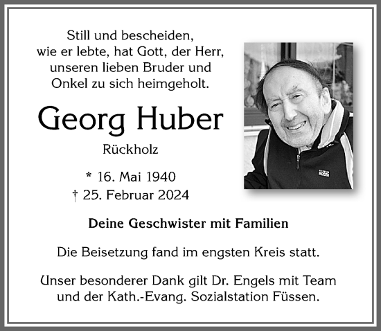 Traueranzeige von Georg Huber von Allgäuer Zeitung, Füssen