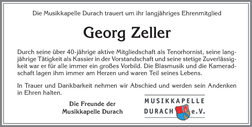  Traueranzeige für Georg Zeller vom 07.03.2024 aus Allgäuer Zeitung,Kempten