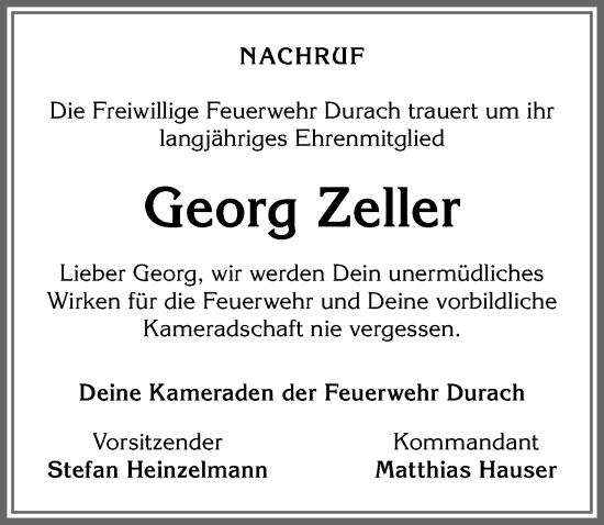 Traueranzeige von Georg Zeller von Allgäuer Zeitung,Kempten
