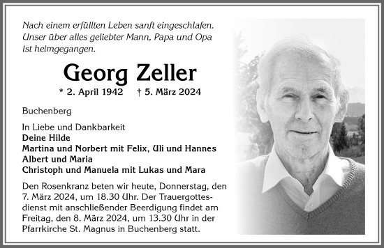 Traueranzeige von Georg Zeller von Allgäuer Zeitung,Kempten