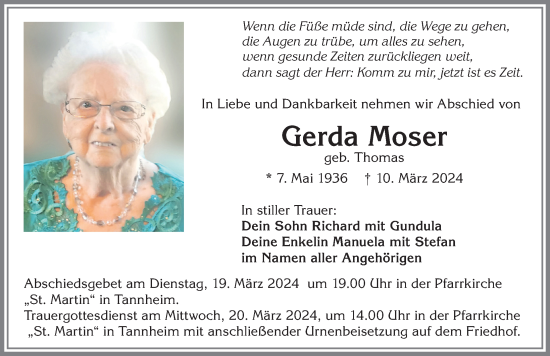 Traueranzeige von Gerda Moser von Memminger Zeitung