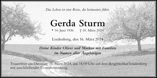 Traueranzeige von Gerda Sturm von Der Westallgäuer