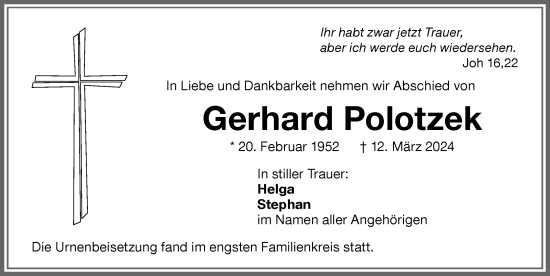 Traueranzeige von Gerhard Polotzek von Memminger Zeitung