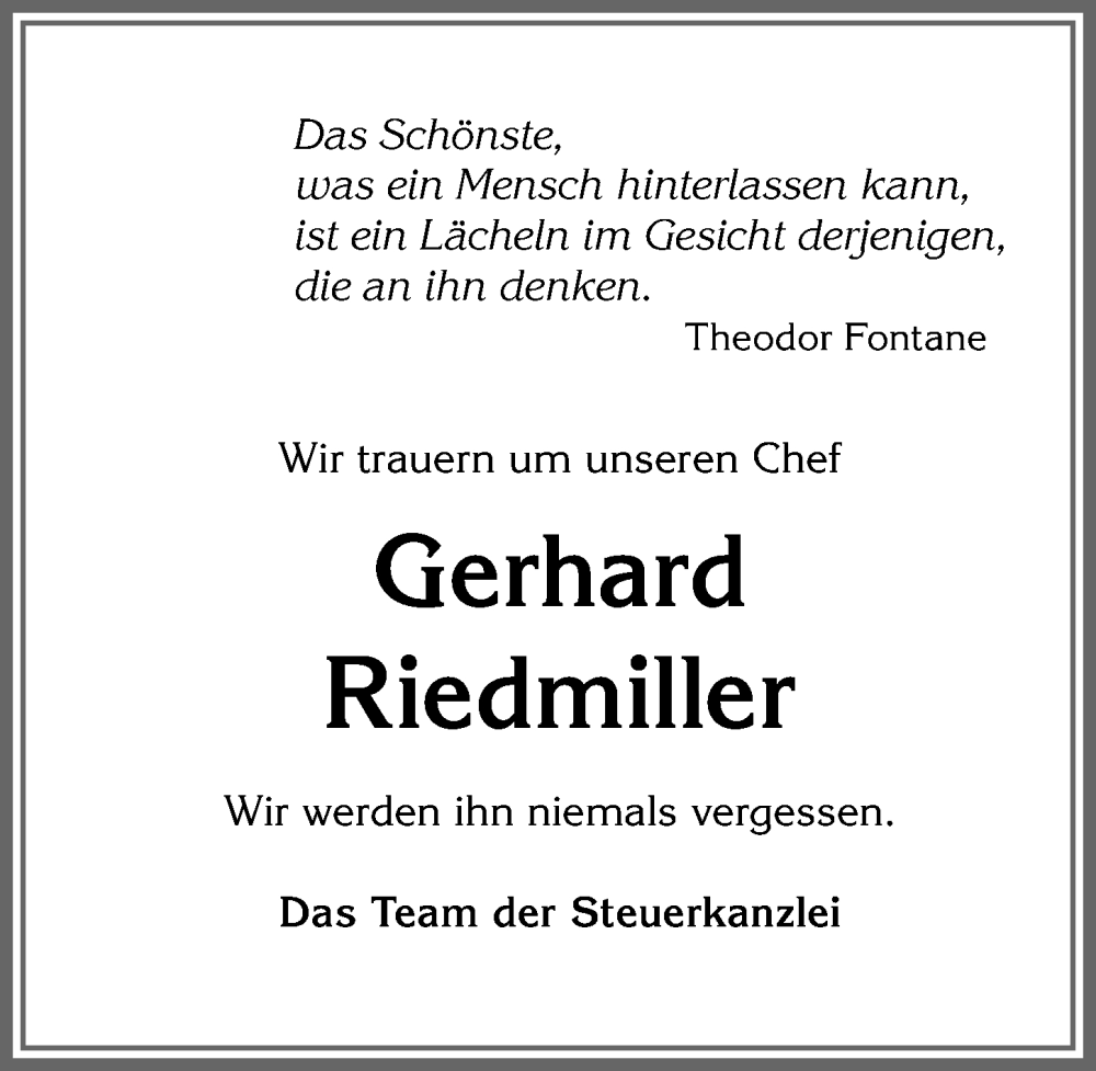  Traueranzeige für Gerhard Riedmiller vom 09.03.2024 aus Memminger Zeitung