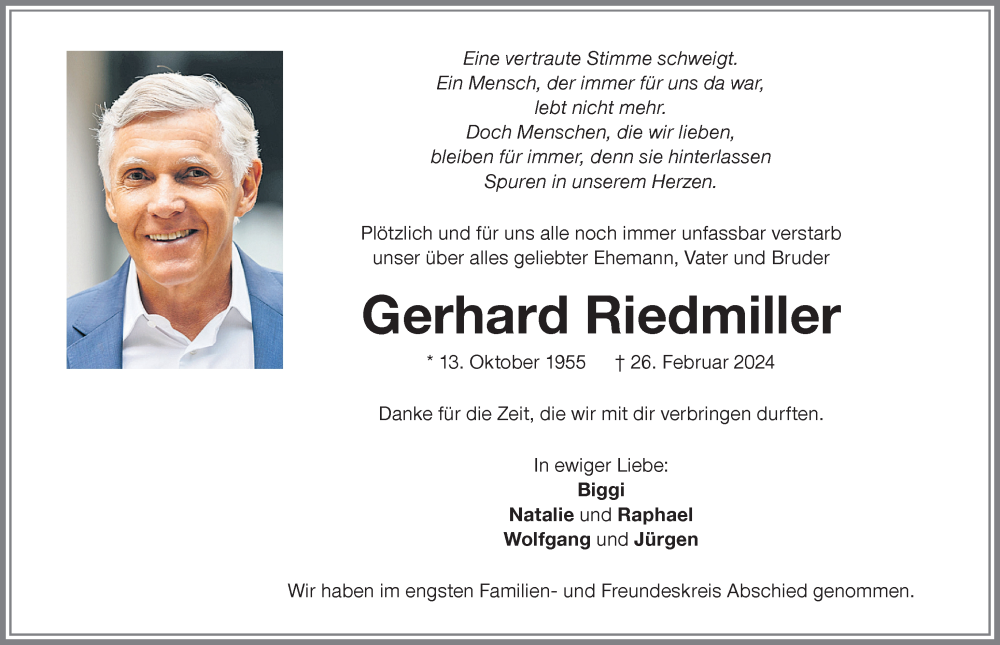  Traueranzeige für Gerhard Riedmiller vom 08.03.2024 aus Memminger Zeitung