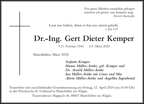 Traueranzeige von Gert Dieter Kemper von Der Westallgäuer