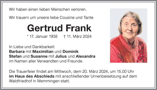 Traueranzeige von Gertrud Frank von Memminger Zeitung