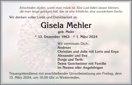Traueranzeige von Gisela Mehler von Memminger Zeitung