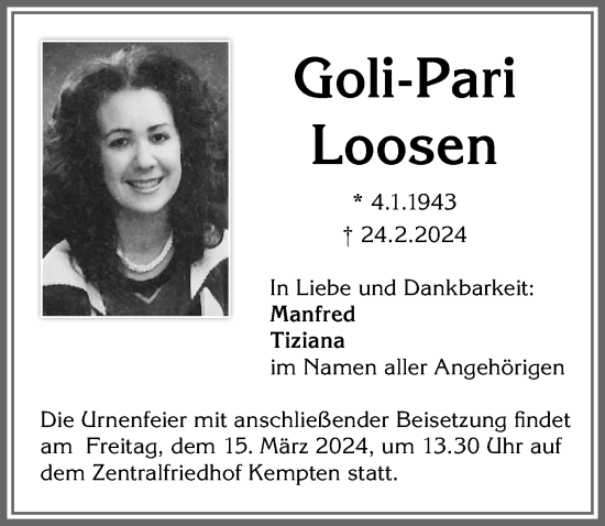 Traueranzeige von Goli-Pari Loosen von Allgäuer Zeitung,Kempten