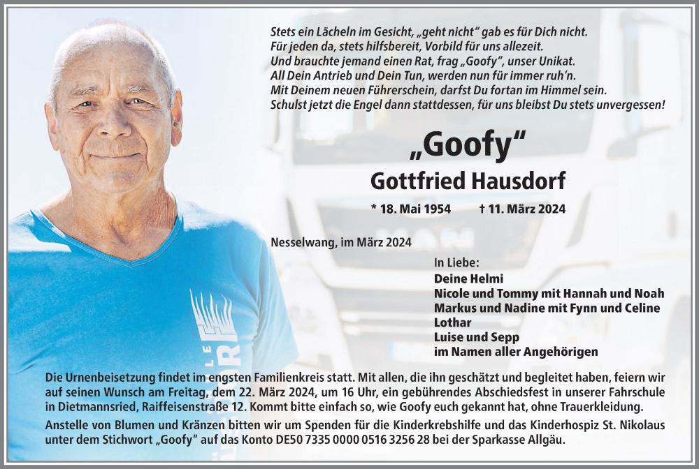  Traueranzeige für Gottfried Hausdorf vom 16.03.2024 aus Allgäuer Zeitung, Füssen