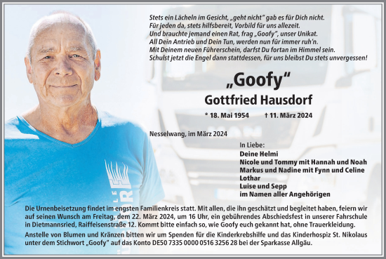 Traueranzeige von Gottfried Hausdorf von Allgäuer Zeitung, Füssen