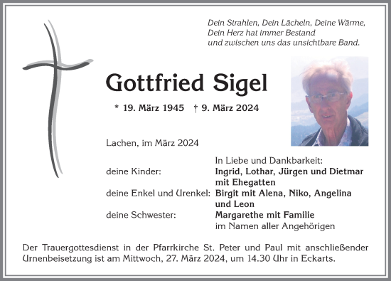 Traueranzeige von Gottfried Sigel von Allgäuer Anzeigeblatt