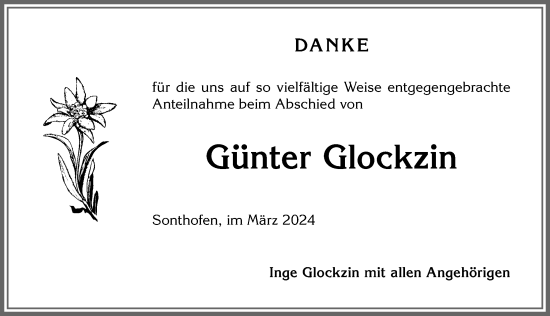 Traueranzeige von Günter Glockzin von Allgäuer Anzeigeblatt