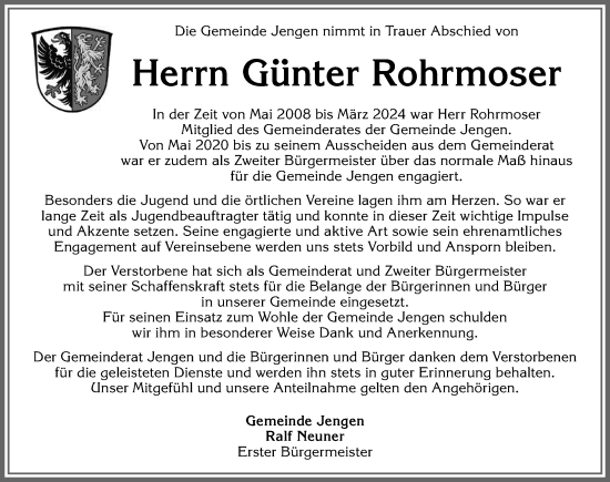 Traueranzeige von Günter Rohrmoser von Allgäuer Zeitung, Kaufbeuren/Buchloe