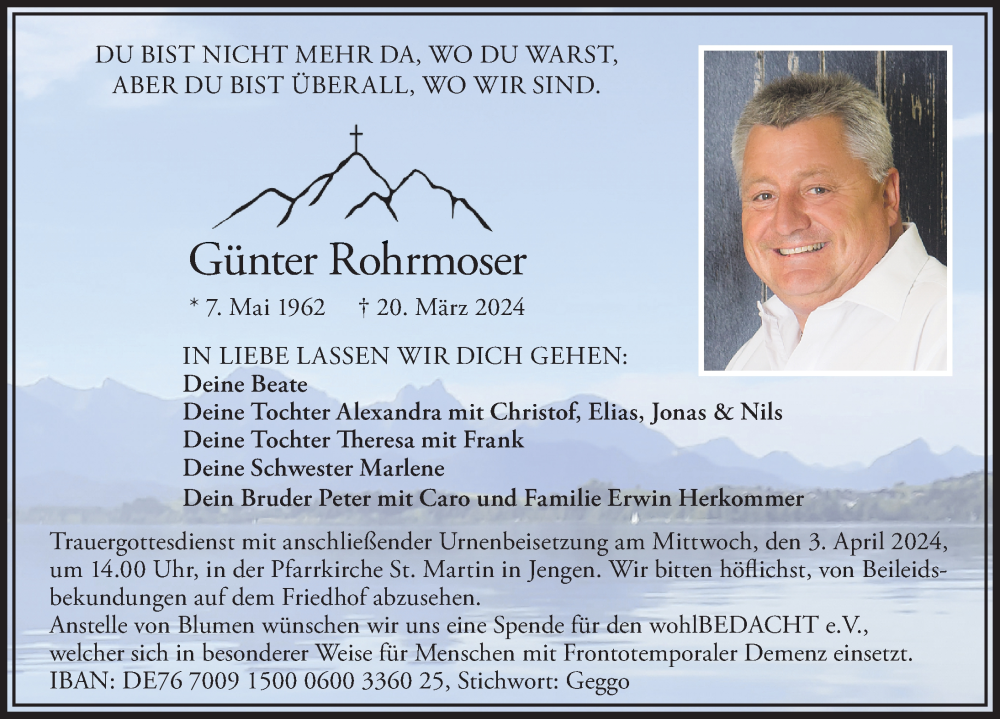  Traueranzeige für Günter Rohrmoser vom 30.03.2024 aus Allgäuer Zeitung, Kaufbeuren/Buchloe