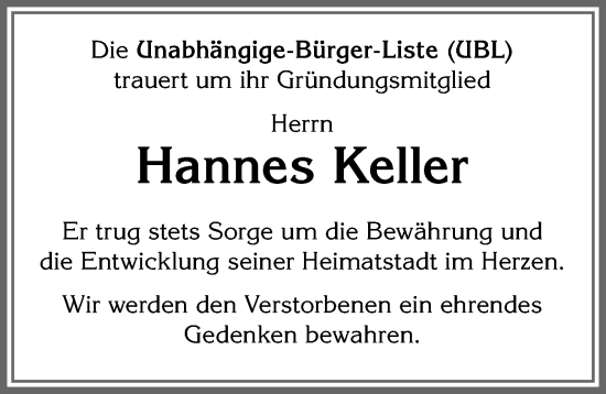 Traueranzeige von Hannes Keller von Allgäuer Zeitung, Füssen