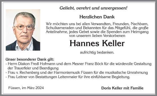 Traueranzeige von Hannes Keller von Allgäuer Zeitung, Füssen