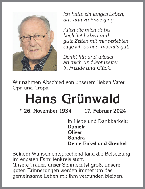 Traueranzeige von Hans Grünwald von Allgäuer Zeitung,Kempten