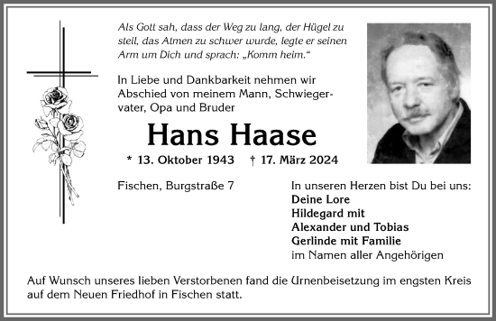 Traueranzeige von Hans Haase von Allgäuer Anzeigeblatt