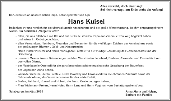 Traueranzeige von Hans Kuisel von Allgäuer Zeitung, Kaufbeuren/Buchloe