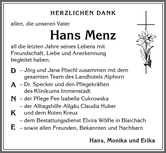 Traueranzeige von Hans Menz von Allgäuer Anzeigeblatt