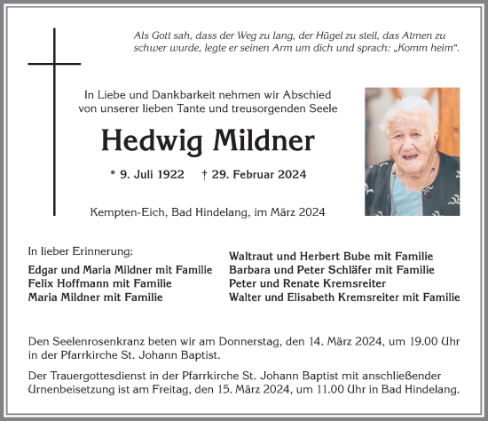 Traueranzeige von Hedwig Mildner von Allgäuer Zeitung,Kempten