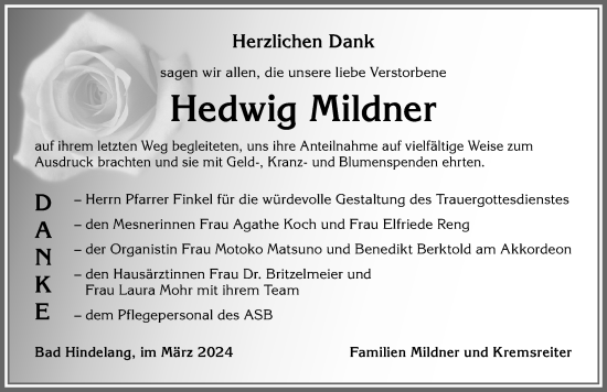 Traueranzeige von Hedwig Mildner von Allgäuer Anzeigeblatt