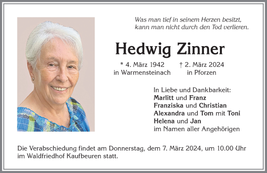 Traueranzeige von Hedwig Zinner von Allgäuer Zeitung, Kaufbeuren/Buchloe