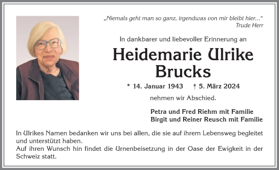 Traueranzeige von Heidemarie Ulrike Brucks von Allgäuer Anzeigeblatt