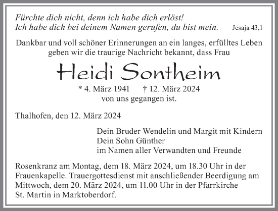 Traueranzeige von Heidi Sontheim von Allgäuer Zeitung, Marktoberdorf