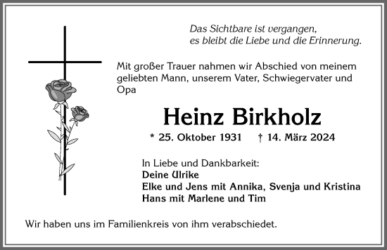 Traueranzeige von Heinz Birkholz von Allgäuer Zeitung,Kempten