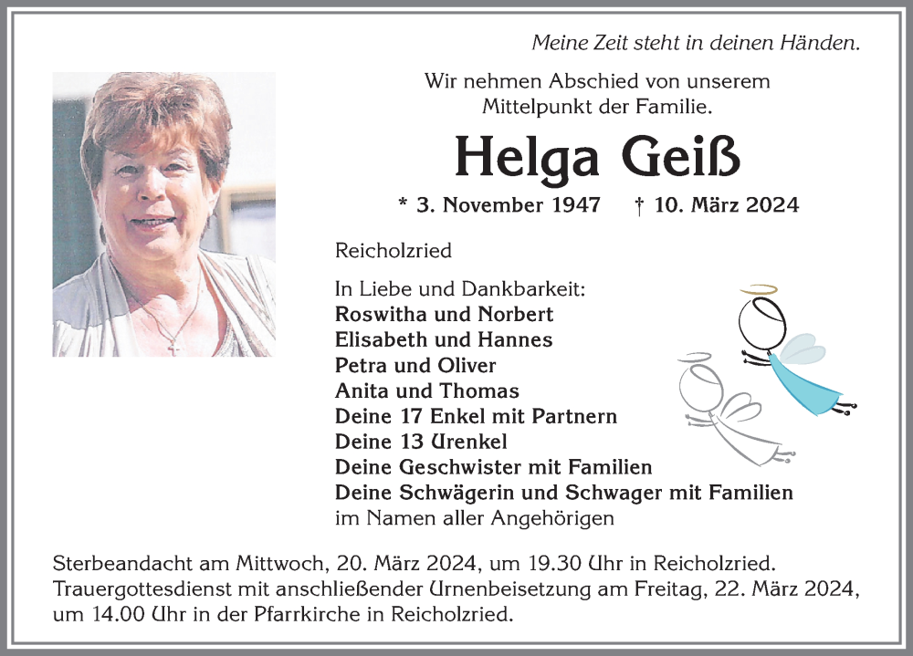  Traueranzeige für Helga Geiß vom 16.03.2024 aus Allgäuer Zeitung,Kempten