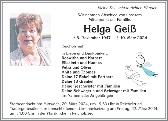 Traueranzeige von Helga Geiß von Allgäuer Zeitung,Kempten