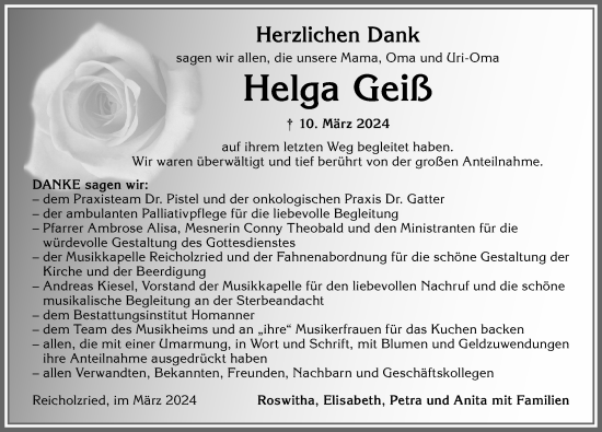 Traueranzeige von Helga Geiß von Allgäuer Zeitung,Kempten