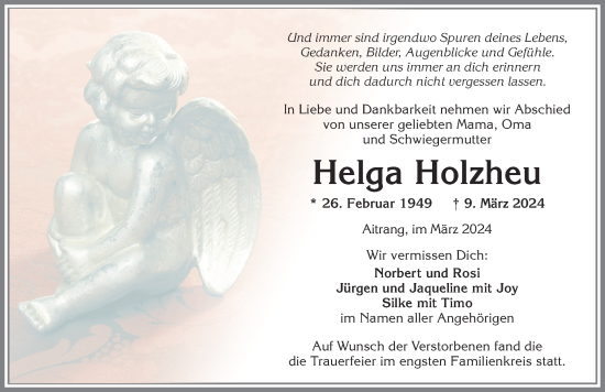 Traueranzeige von Helga Holzheu von Allgäuer Zeitung, Marktoberdorf