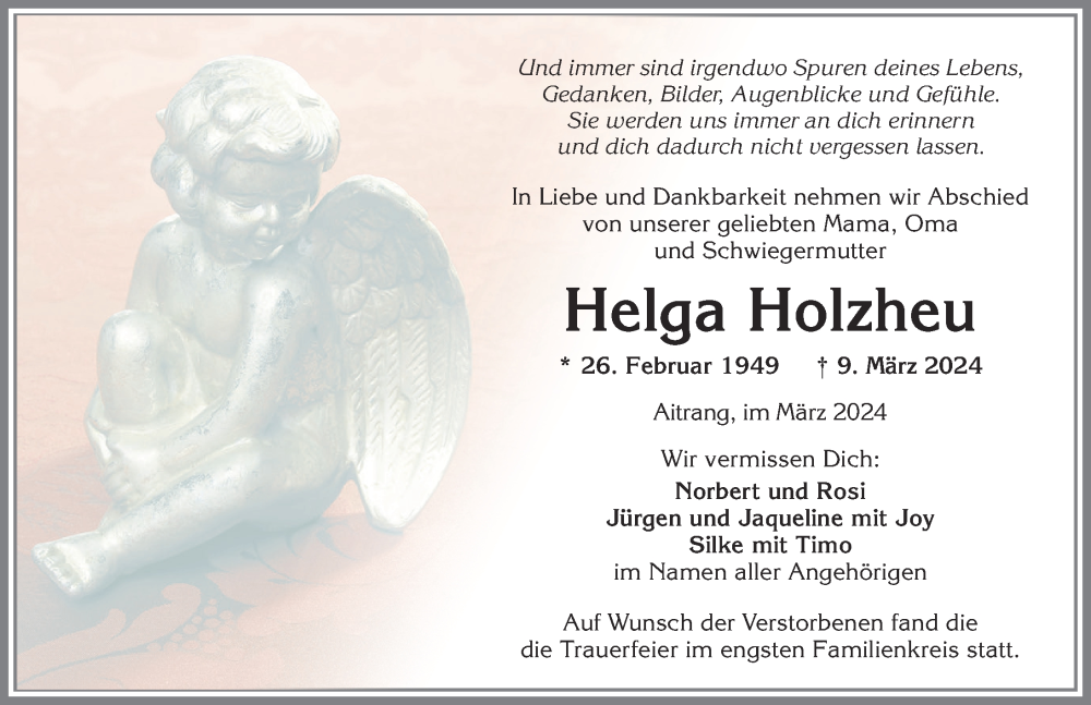  Traueranzeige für Helga Holzheu vom 23.03.2024 aus Allgäuer Zeitung, Marktoberdorf