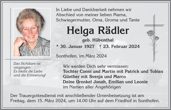 Traueranzeige von Helga Rädler von Allgäuer Anzeigeblatt