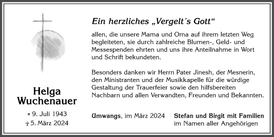 Traueranzeige von Helga Wuchenauer von Allgäuer Zeitung, Marktoberdorf