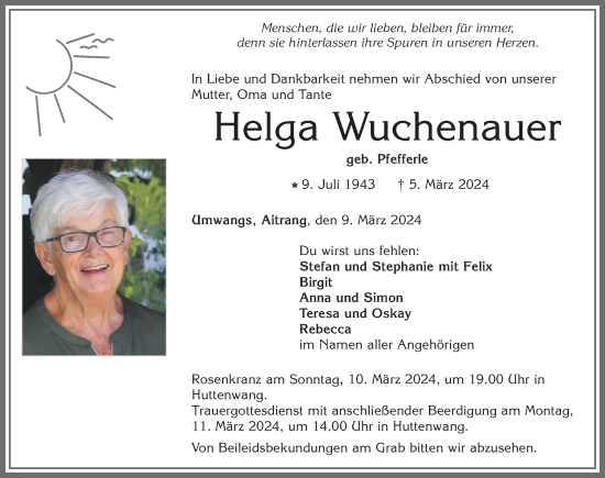 Traueranzeige von Helga Wuchenauer von Allgäuer Zeitung, Marktoberdorf