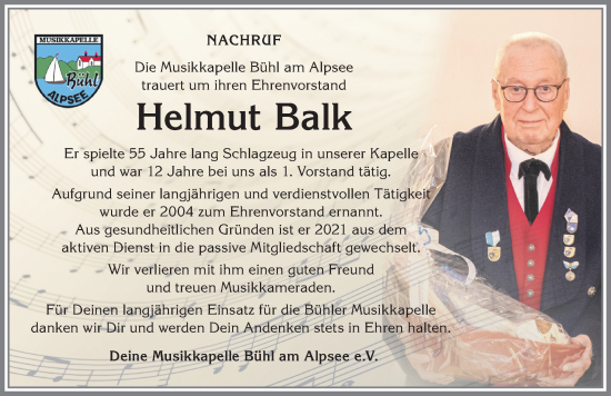 Traueranzeige von Helmut Balk von Allgäuer Anzeigeblatt