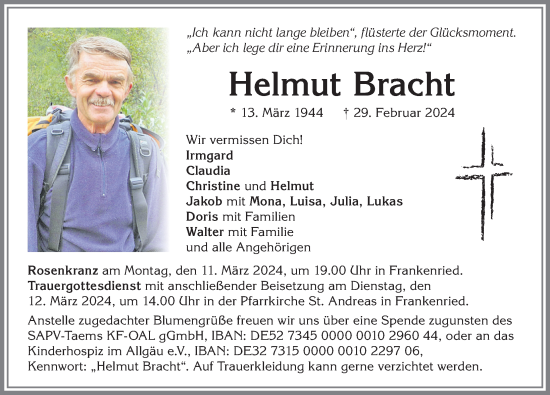 Traueranzeige von Helmut Bracht von Allgäuer Zeitung, Kaufbeuren/Buchloe