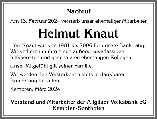 Traueranzeige von Helmut Knaut von Allgäuer Zeitung,Kempten
