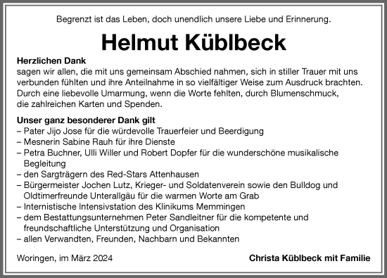 Traueranzeige von Helmut Küblbeck von Memminger Zeitung