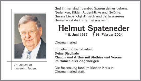 Traueranzeige von Helmut Spateneder von Allgäuer Zeitung,Kempten